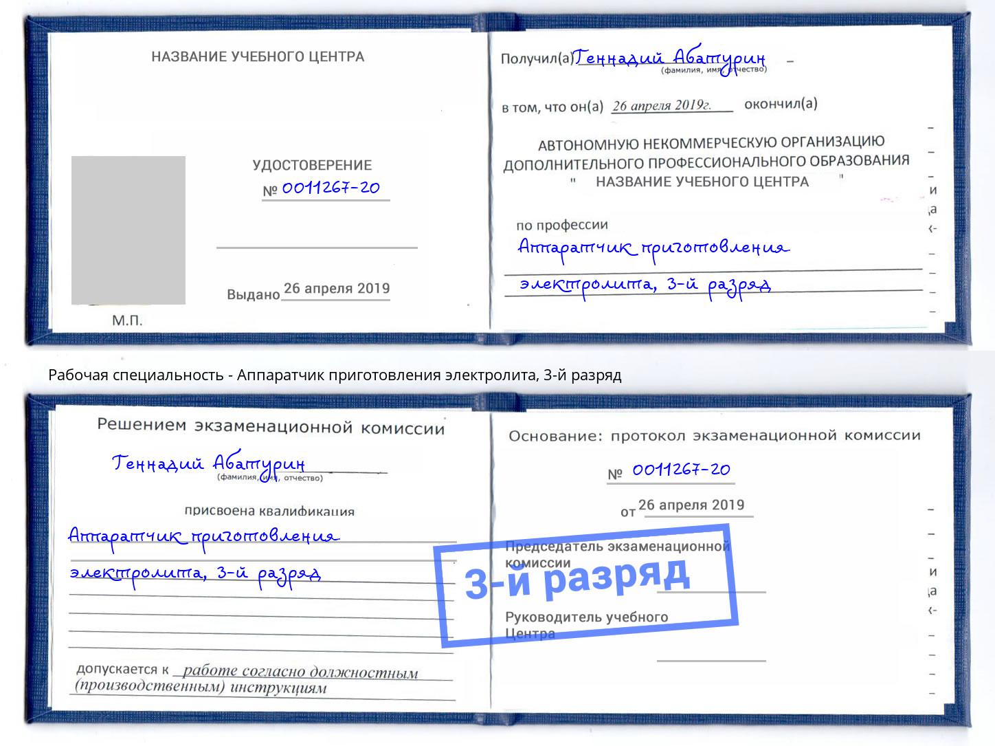 корочка 3-й разряд Аппаратчик приготовления электролита Лесосибирск