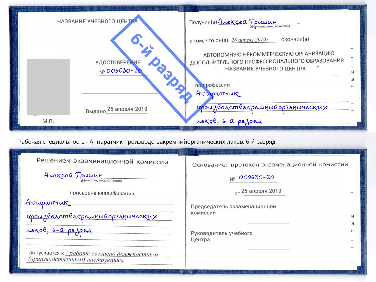 корочка 6-й разряд Аппаратчик производствакремнийорганических лаков Лесосибирск