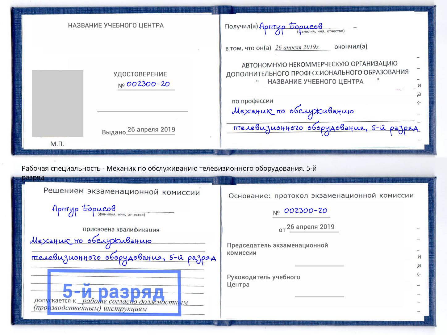 корочка 5-й разряд Механик по обслуживанию телевизионного оборудования Лесосибирск